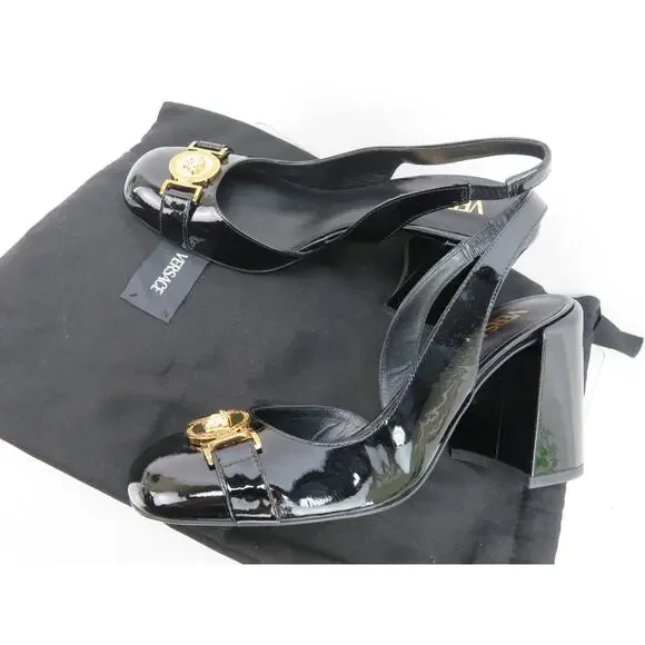 NIB VERSACE BLACK PATENT LEATHER GOLD MEDUSA LOGO SANDALS HEEL PUMPS 37.5 7.5